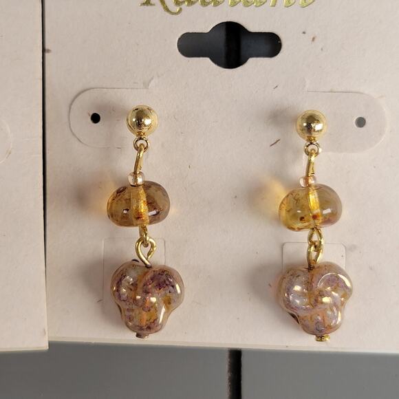 Radiant Earrings 2 Sets Drop Beads Amber Gold Tone Stud Pierced 1–1.5" Gift Bag - Picture 8 of 11